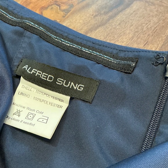 Alfred Sung Navy Midnight Blue Off The Shoulder Satin Gown Size 8 Evening Formal - Picture 4 of 15